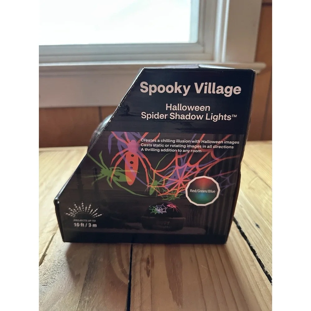 New‎ Spooky Village Halloween Shadow Lights Globe Spider Webs Red Green Blue